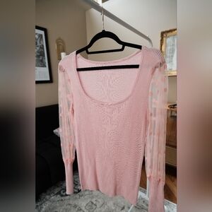 Pink Top with Sheer Polka Dot Sleeves